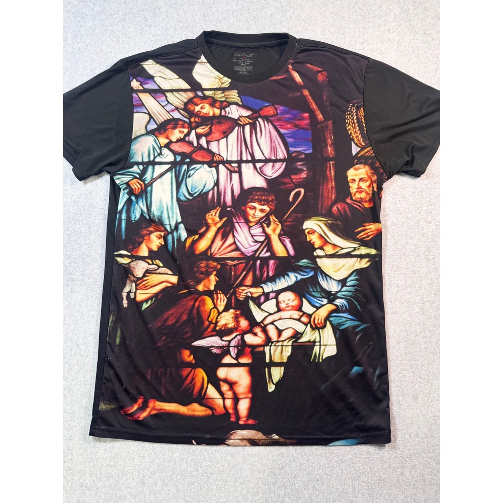 Black Smith Men XL Stained Glass Nativity Graphic T-Shirt Black Short Sleeve